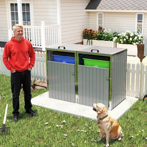 English Elm Garbage Bin Shed Galvanized Steel Enclosure for Two Cans Outdoor Weather Resistant Light Gray W1598P357715