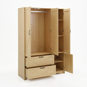English Elm 4 Door Wooden Wardrobe Cabinet with Led Sensor Light Mirror and Drawers for Bedroom W409S00006