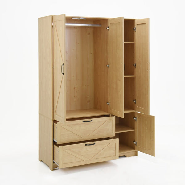 English Elm 4 Door Wooden Wardrobe Cabinet with Led Sensor Light Mirror and Drawers for Bedroom W409S00006