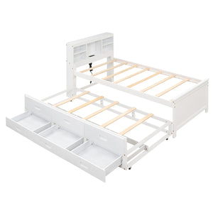 English Elm Twin Platform Bed with Storage Headboard, Pull-Out Trundle & 3 Drawers, USB Ports, Solid Wood Durability White GX000715AAK