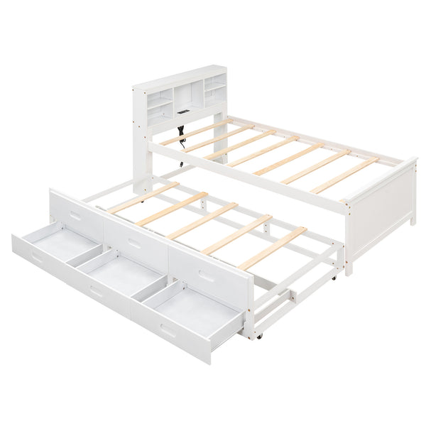 English Elm Twin Platform Bed with Storage Headboard, Pull-Out Trundle & 3 Drawers, USB Ports, Solid Wood Durability White GX000715AAK