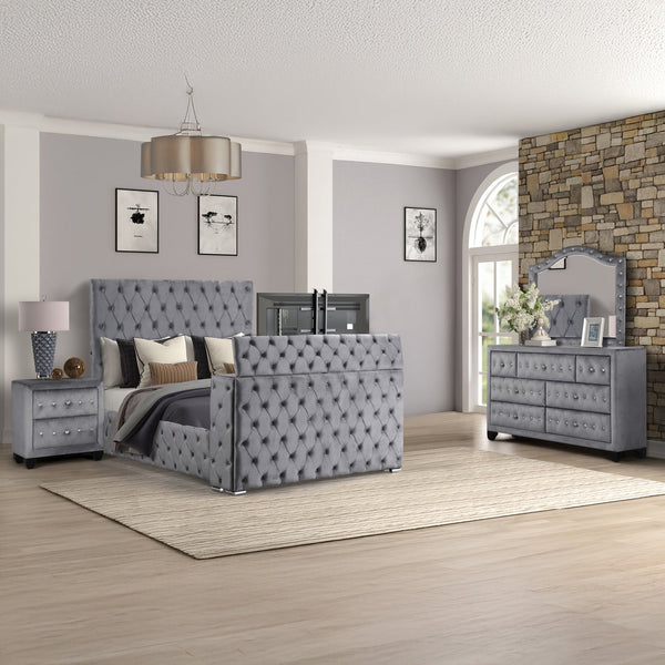 English Elm Encore Modern Style 4Pc King Bedroom Set - Upholstered Bed With Tufted Headboard In Gray Finish B009S01735
