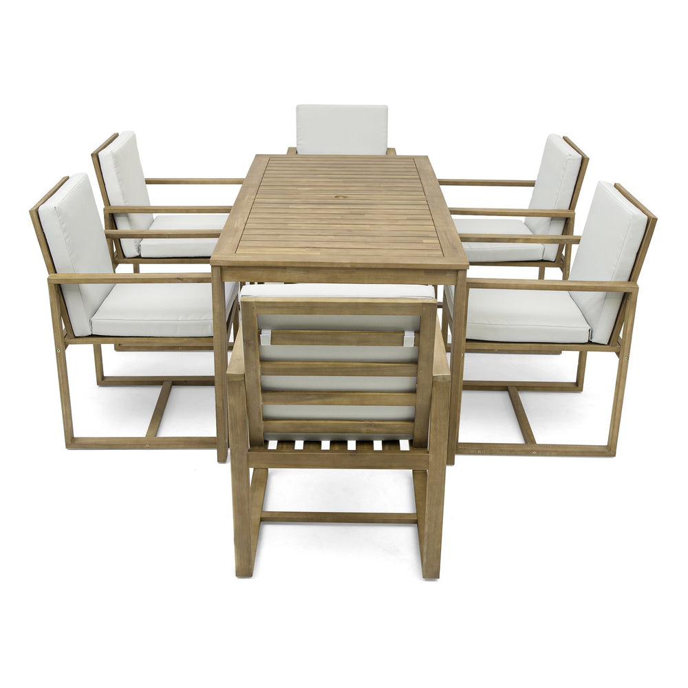 English Elm Patio Light Teak Acacia Wood Dining Set with Removable Beige Cushions, 6-Piece Outdoor Table & Chairs SZ000090AAA