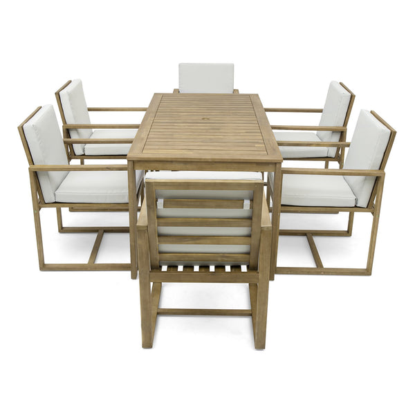 English Elm Patio Light Teak Acacia Wood Dining Set with Removable Beige Cushions, 6-Piece Outdoor Table & Chairs SZ000090AAA