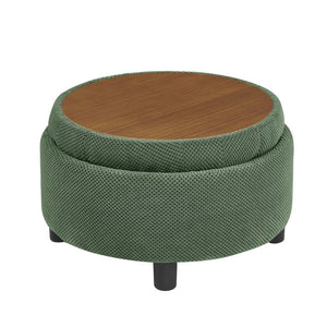 English Elm 25 Inch Round Fabric Pouf Ottoman with Removable Wooden Lid and Hidden Interior Storage Dark Green W5568P461364