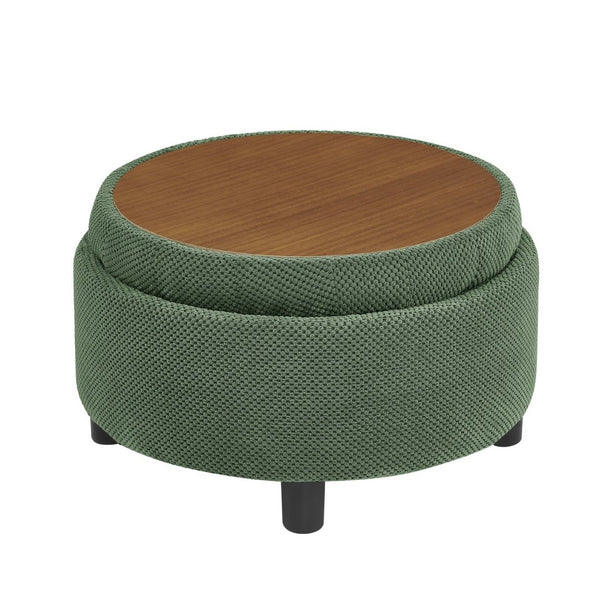 English Elm 25 Inch Round Fabric Pouf Ottoman with Removable Wooden Lid and Hidden Interior Storage Dark Green W5568P461364