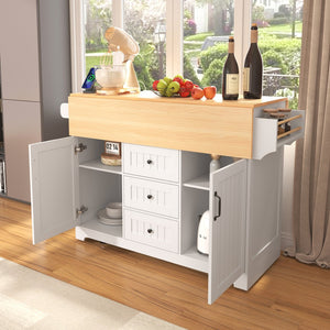 English Elm K&K Convertible 55.7" Folding Kitchen Island Cart with Power Outlet, Spice Rack, 5 Wheels, Multi-Use White N707P186617W
