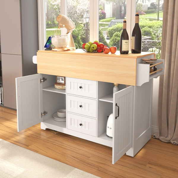 English Elm K&K Convertible 55.7" Folding Kitchen Island Cart with Power Outlet, Spice Rack, 5 Wheels, Multi-Use White N707P186617W