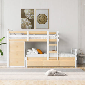 English Elm Twin Loft Bunk Bed with Built-In Drawers and Ladder, Space-Saving Twin over Twin Pine MDF Design Natural GX000424AAN