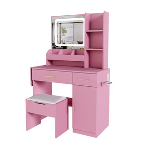 English Elm Vanity Desk with Led Mirror Power Station 3 Drawers Shelves and Makeup Stool W2700P342539