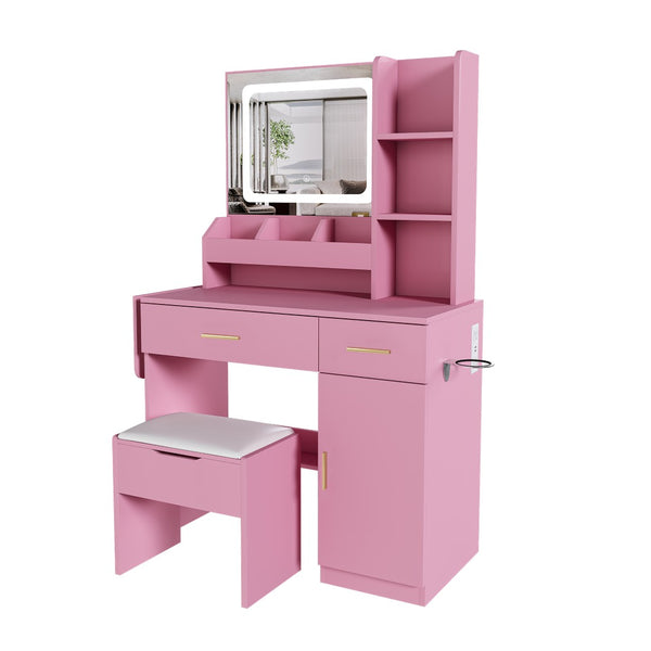 English Elm Vanity Desk with Led Mirror Power Station 3 Drawers Shelves and Makeup Stool W2700P342539