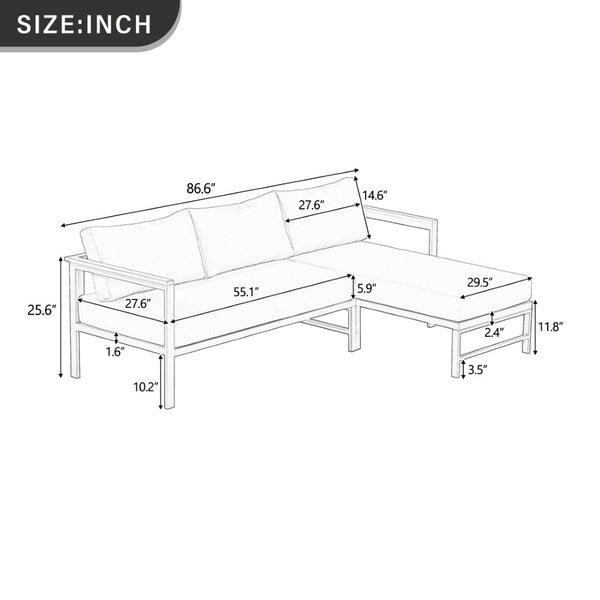 English Elm U_style Outdoor L-shaped Sectional Iron Frame Patio Sofa with Thick Foam Cushions Gray WY000480AAE