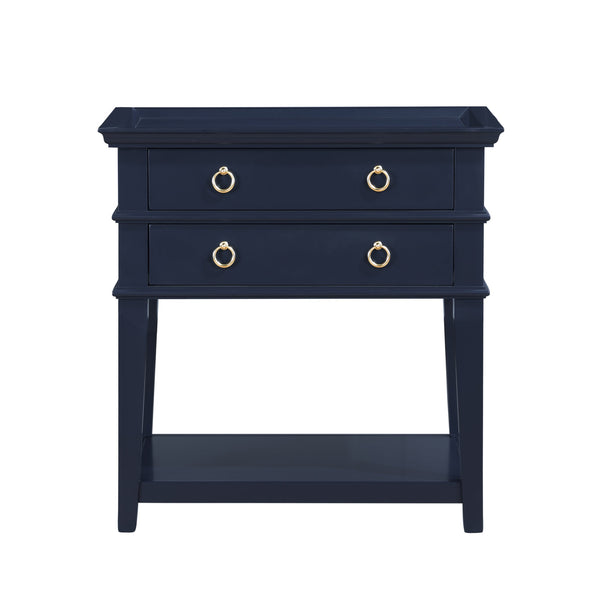 English Elm Carmona Midnight Blue Tray Top Nightstand with Two Drawers, Open Shelf, Brushed Gold Ring Pulls Dark Blue B050P376935