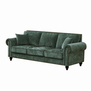English Elm 86" Modern 3-Seater Sofa with Rolled Arms Chenille Upholstery, Nailhead Trim, Solid Wood Base for Living Room Comfort and Durability Green W3373S00042