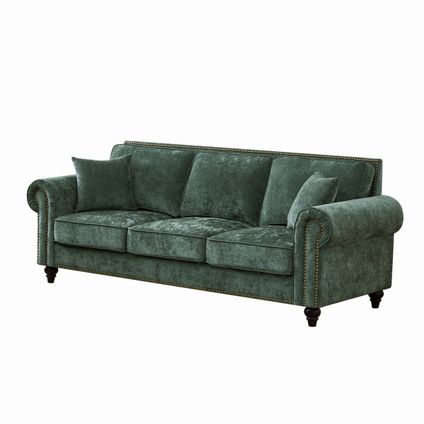 English Elm 86" Modern 3-Seater Sofa with Rolled Arms Chenille Upholstery, Nailhead Trim, Solid Wood Base for Living Room Comfort and Durability Green W3373S00042