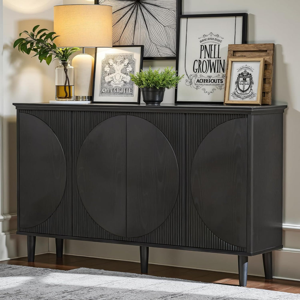English Elm Sideboard Antique Black Rattan Doors Buffet Cabinet with Adjustable Shelf, MDF & Steel Legs,31.5" W295P336706