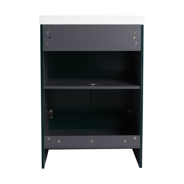 English Elm 24" Freestanding Bathroom Vanity with Integrated Basin Design, Adjustable Shelf & 3 Metal Handles, Eco Plywood Finish Dark Green W999P241071