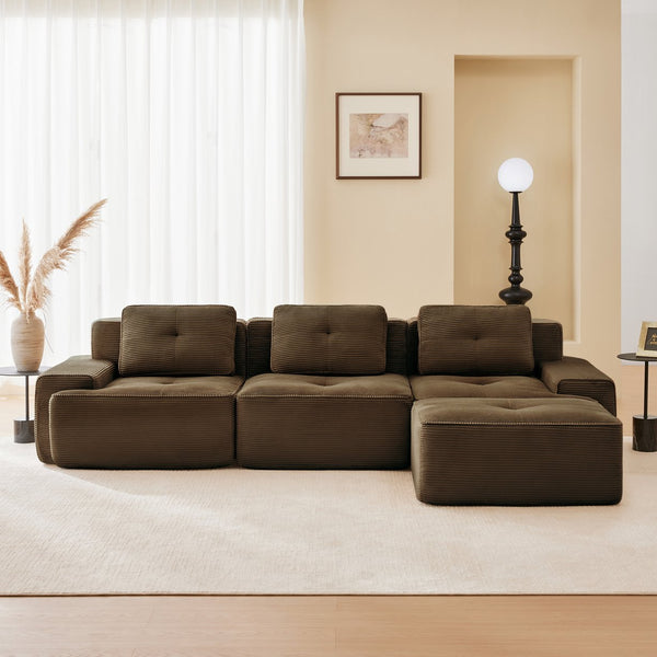 English Elm 117" Modern L-Shaped Modular Sectional Sofa - Versatile Corduroy Couch With Movable Ottoman & Tufting W714S01504