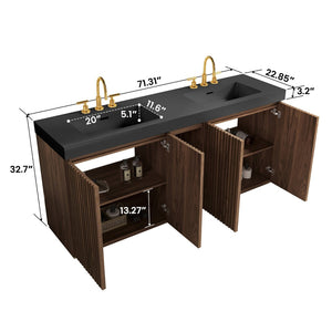 English Elm Galan 72 Inch Double Sink Vanity Fluted Wood Quartz Top Freestanding Bathroom Cabinet Walnut Brown W1865S00231