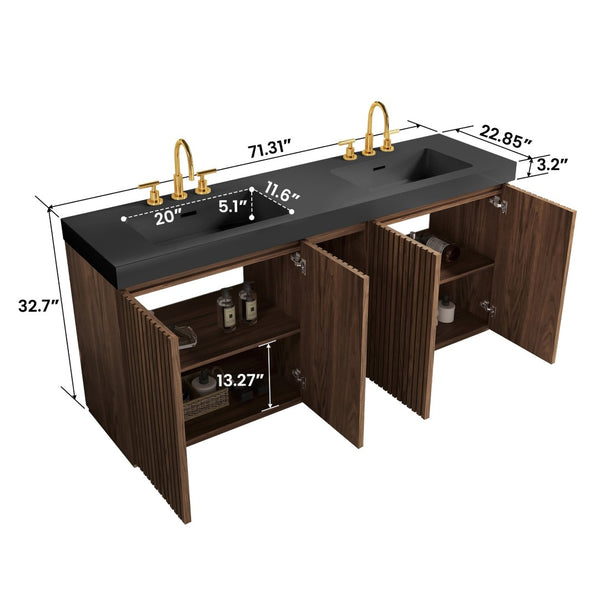 English Elm Galan 72 Inch Double Sink Vanity Fluted Wood Quartz Top Freestanding Bathroom Cabinet Walnut Brown W1865S00231
