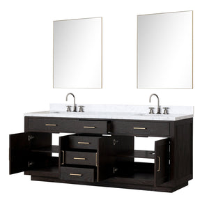 English Elm Black Oak Double Bath Vanity Set With Carrara Marble Top, Chrome Faucets & 36-Inch Mirrors Included B2731S02181