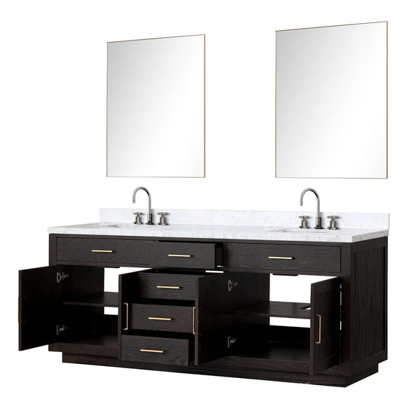 English Elm Black Oak Double Bath Vanity Set With Carrara Marble Top, Chrome Faucets & 36-Inch Mirrors Included B2731S02181