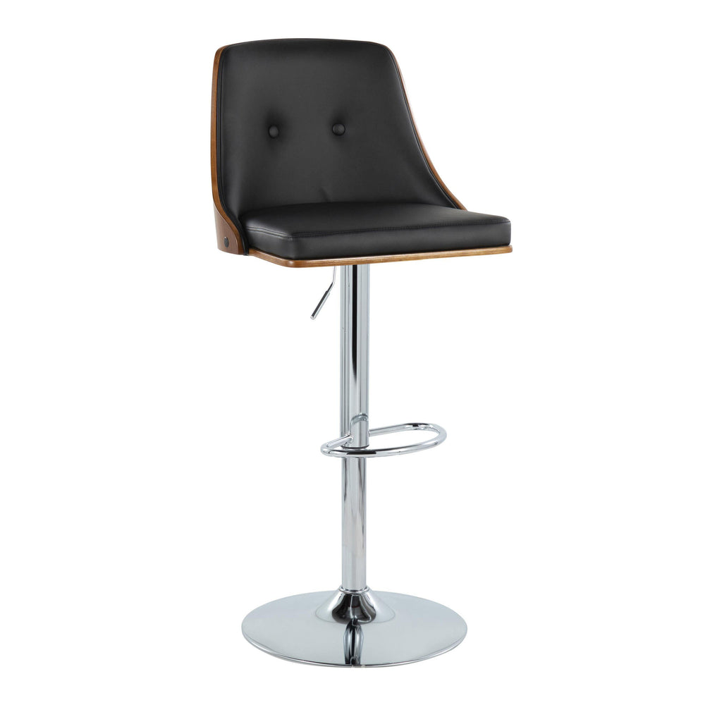 English Elm Gianna Mid-Century Adjustable Swivel Barstools Set of 2 — Walnut Back, Black Faux Leather, Chrome Base B202S00879