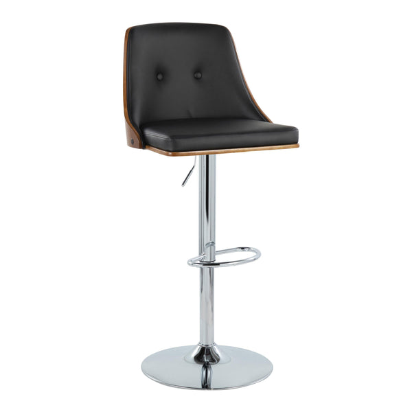 English Elm Gianna Mid-Century Adjustable Swivel Barstools Set of 2 — Walnut Back, Black Faux Leather, Chrome Base B202S00879