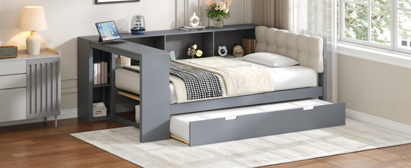 English Elm Wood Twin Platform Bed Linen Headboard Storage Shelves Trundle Charging Station Gray N709P004023E