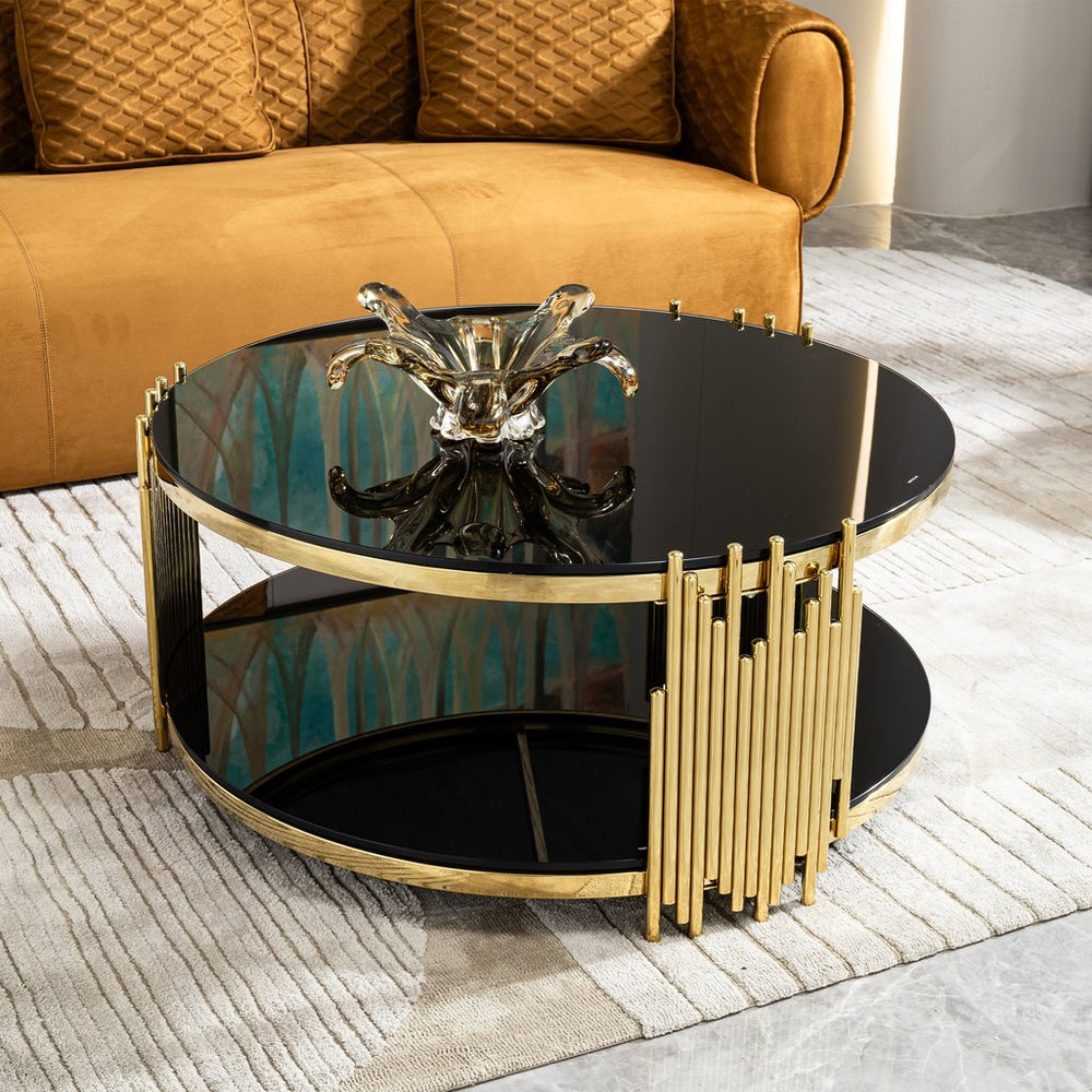 English Elm double double layer black tempered glass top round coffee table with gold stainless steel frame, versatile modern centerpiece for living room, office, or guest room W2723S00010
