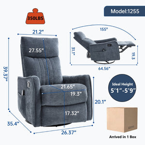 English Elm Blue Fabric Swivel Rocker Recliner with Massage Heat Nodes for Living Room Comfort Blue W1803P321823