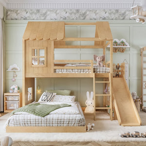 English Elm Twin Over Full Playhouse Bunk Bed with Slide Ladder Storage Shelves and Wardrobe W5305S00040