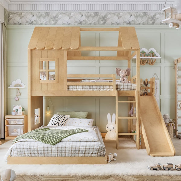English Elm Twin Over Full Playhouse Bunk Bed with Slide Ladder Storage Shelves and Wardrobe W5305S00040