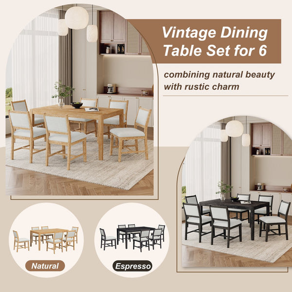 English Elm TREXM 7-Piece Retro Dining Table Set for 6 with Distressed Oak Veneer, Upholstered Comfort Chairs Natural ST000143AAN