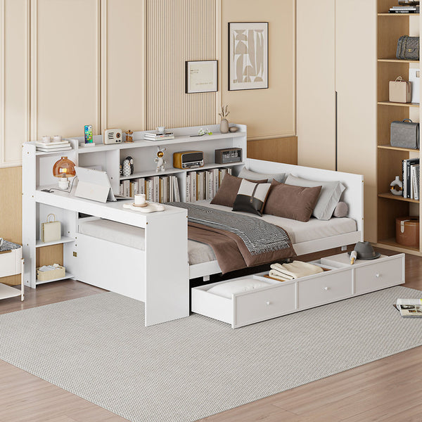 English Elm Full Size Wooden Daybed With Integrated Desk, Usb Ports, 3 Drawers & Modern White Finish N820S00018K
