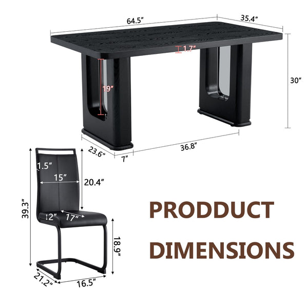 English Elm Table 7-Piece Dining Set: Stylish Black Wood & Glass Finish With 6 Comfortable Pu Chairs & Arched Legs W1151S04305-GIGA