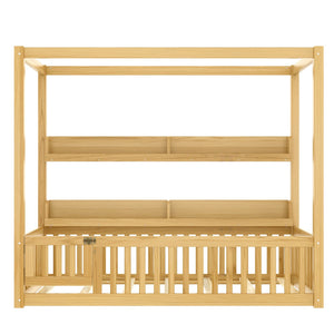 English Elm Twin House Floor Bed with Door and Full-Length Guardrails, Solid Wood Double Twin Floor Bed for Kids' Playful Rooms Natural W1580P359329