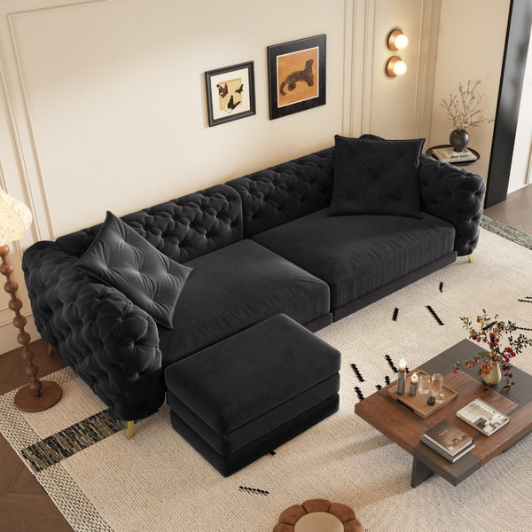 English Elm 97.6" Oversized Velvet Chesterfield Sleeper Sofa Floral Tufted Roll Arm Living Room Couch Black W1885S00410