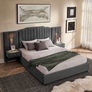 English Elm Queen Velvet Platform Bed with Tufted Headboard Integrated Nightstands and Striped Design Gray W487S00443