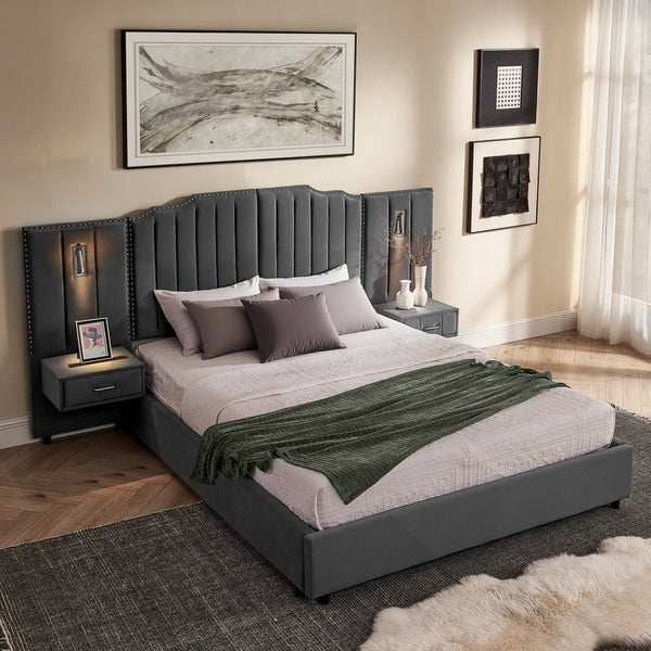English Elm Queen Velvet Platform Bed with Tufted Headboard Integrated Nightstands and Striped Design Gray W487S00443