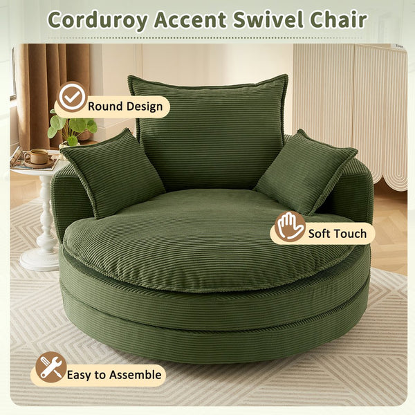 English Elm 360° Oversized Swivel Lounge Chair with 38" Deep Seat Dual-Layer Cushion Corduroy Accent Pillows Green N719S002100F