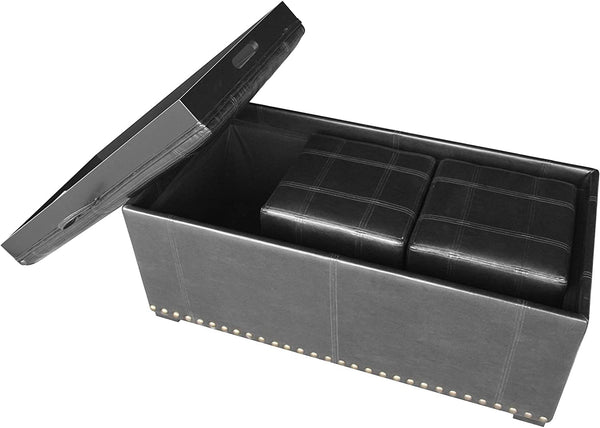 English Elm Leather Tufted Storage Bench with Nailhead Detail & 2 Ottomans — Faux Leather, Convertible Seating and Hidden Storage B347P342189