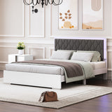 English Elm Queen Size Upholstered Bed With Led Light,Modern Platform Bed With With Velvet Headboard,White