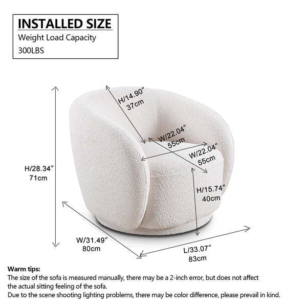 English Elm Swivel Boucle Accent Chair White – 360° Solid Wood Barrel Seat, No-Assembly, Durable 300lb Capacity W2664P407030