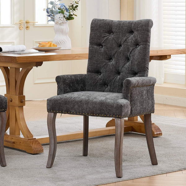 English Elm Upholstered Chenille Club Dining Chair Tufted High Back with Curved Solid Wood Legs Gray W1143P449348