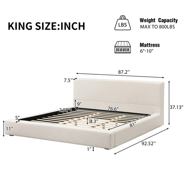English Elm King Linen Upholstered Bed Frame with Thick Padded Headboard and Solid Wood Legs N757K404834I