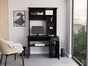 English Elm Compu Engineered Wood Hutch Desk with Keyboard Tray, CPU Door Panel, Five Shelves & Drawer Black 35 L x 25 W x 3 H B097S00116