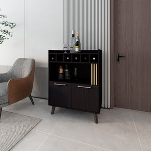 English Elm Mathiston Modern Bar Cabinet in Black & Light Oak — 6-Bottle Storage, Glass Shelves, Concealed Cupboards, Durable Engineered Wood B092P254748