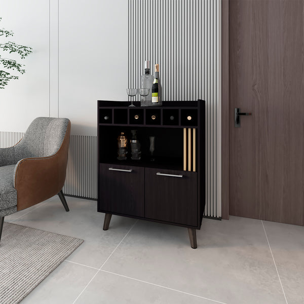 English Elm Mathiston Modern Bar Cabinet in Black & Light Oak — 6-Bottle Storage, Glass Shelves, Concealed Cupboards, Durable Engineered Wood B092P254748