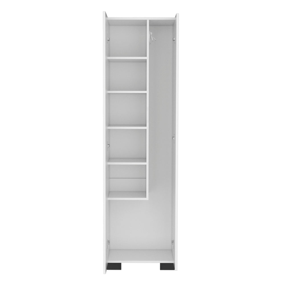 English Elm Broom Slim Double-Door Cabinet with Shelves & 3 Side Hangers, White Engineered Wood Storage B097S00188